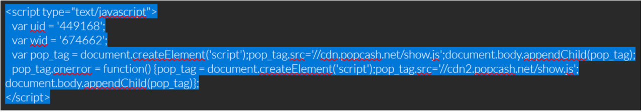 PopCash affiliate ad network code responsible for unwanted homepage ads