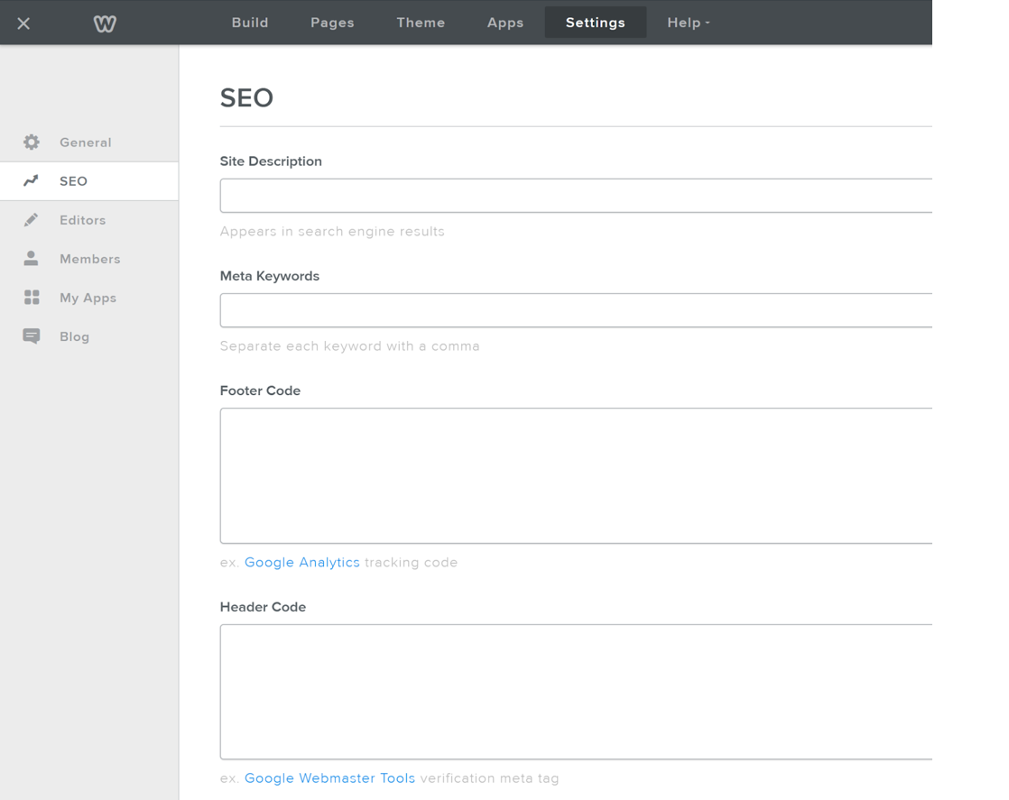 No custom code in Weebly Settings > SEO > Footer/header